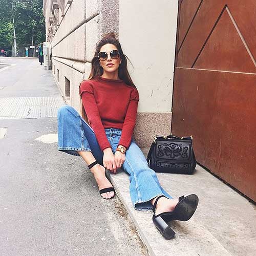 Colorful-Turtleneck-Flared-Jeans-Chunky-Heels