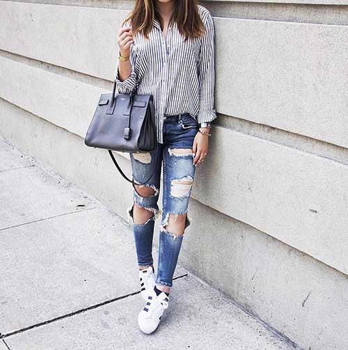 Striped-Button-Front-Shirt-Distressed-Jeans-Sneakers